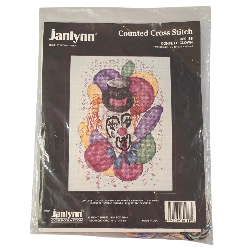 Janlynn Confetti Clown Counted Cross Stitch Kit 80-188 Vintage 1994 USA Sealed